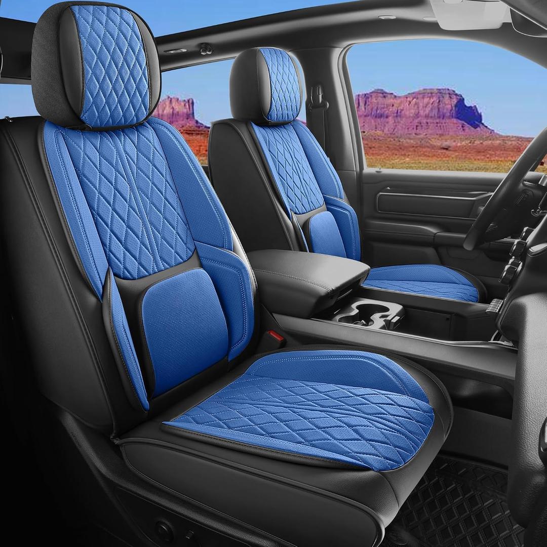 Car Seat Cover Custom Fit for Dodge Ram 1500 2500 3500 2002-2026 Faux Leather Seat Cover Set Compatible with Crew Quad Regular Cab Pickup Truck Cushions (Black & Blue, Full Set, Curved Rear)