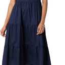 Amazon Essentials Women's Relaxed-Fit Cotton Sateen Crewneck Tiered Midi Dress (Large, Navy)