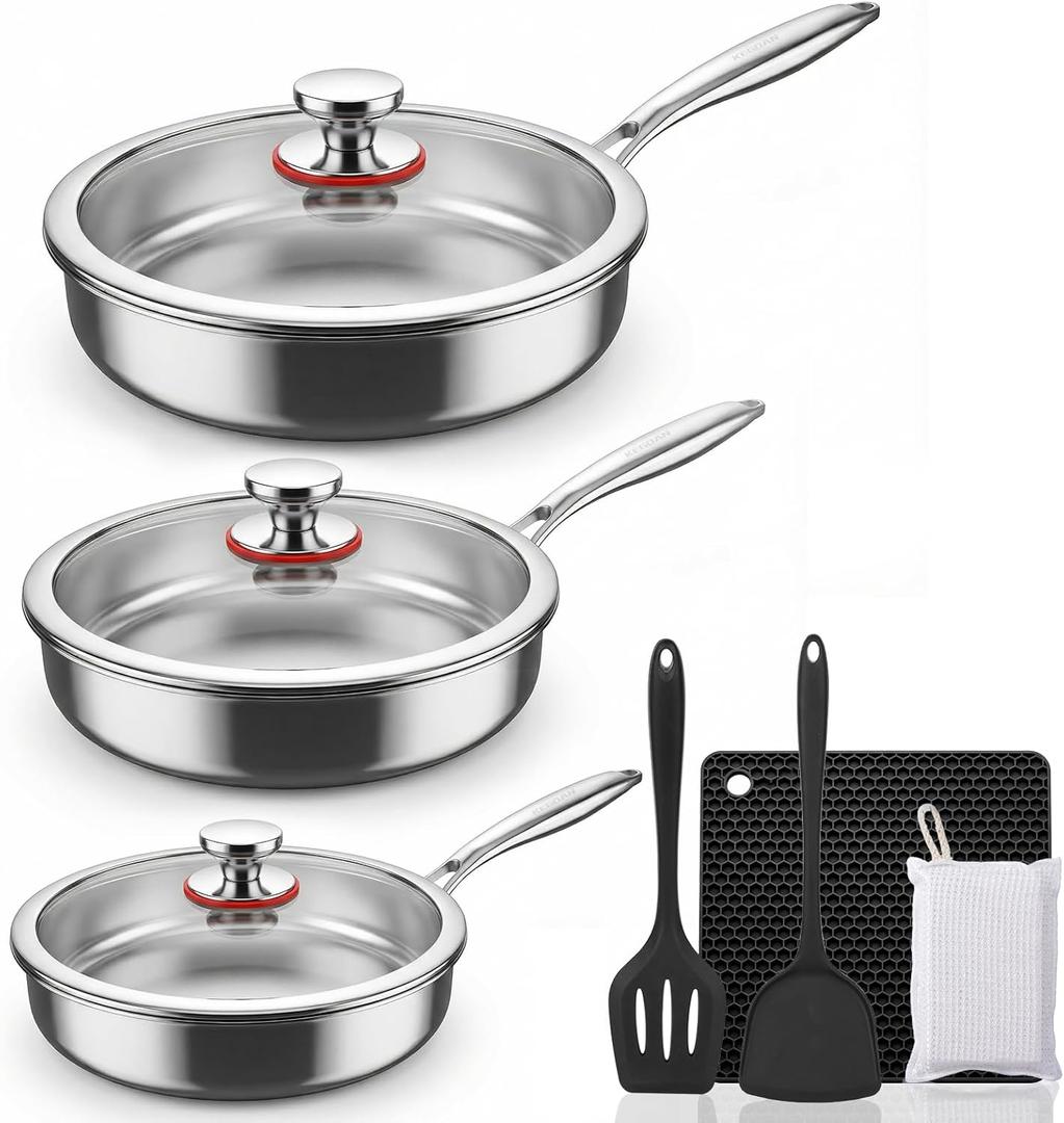 Tri-Ply Stainless Steel Frying Pan Set With Lids, 13pcs Stainless Steel Cookware Set with Detachable Handle, Induction Compatible Skillets for All Stovetops, Dishwasher and Oven Safe, Silver (8&10&12 Inch)