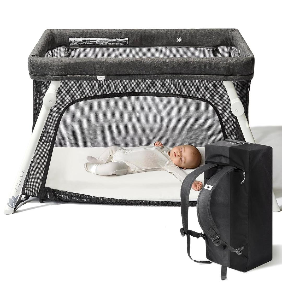 Guava Family Travel Crib Includes Lightweight Backpack Design | Certified Baby Safe Portable Crib | Folding Play Yard, Comfy Mattress for Babies, Toddlers | Compact Baby Travel Bed MFD: 2025