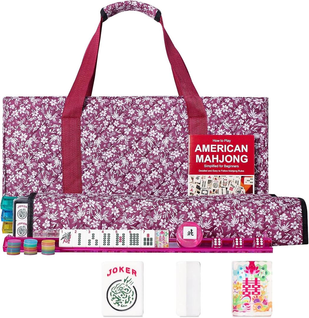 American Mahjong Tile Set, 166 Acrylic Mahjong Tiles, 4 All-in-One Color Rack/Pushers, Complete Mahjong Game Set with Red Printed Carrying Bag