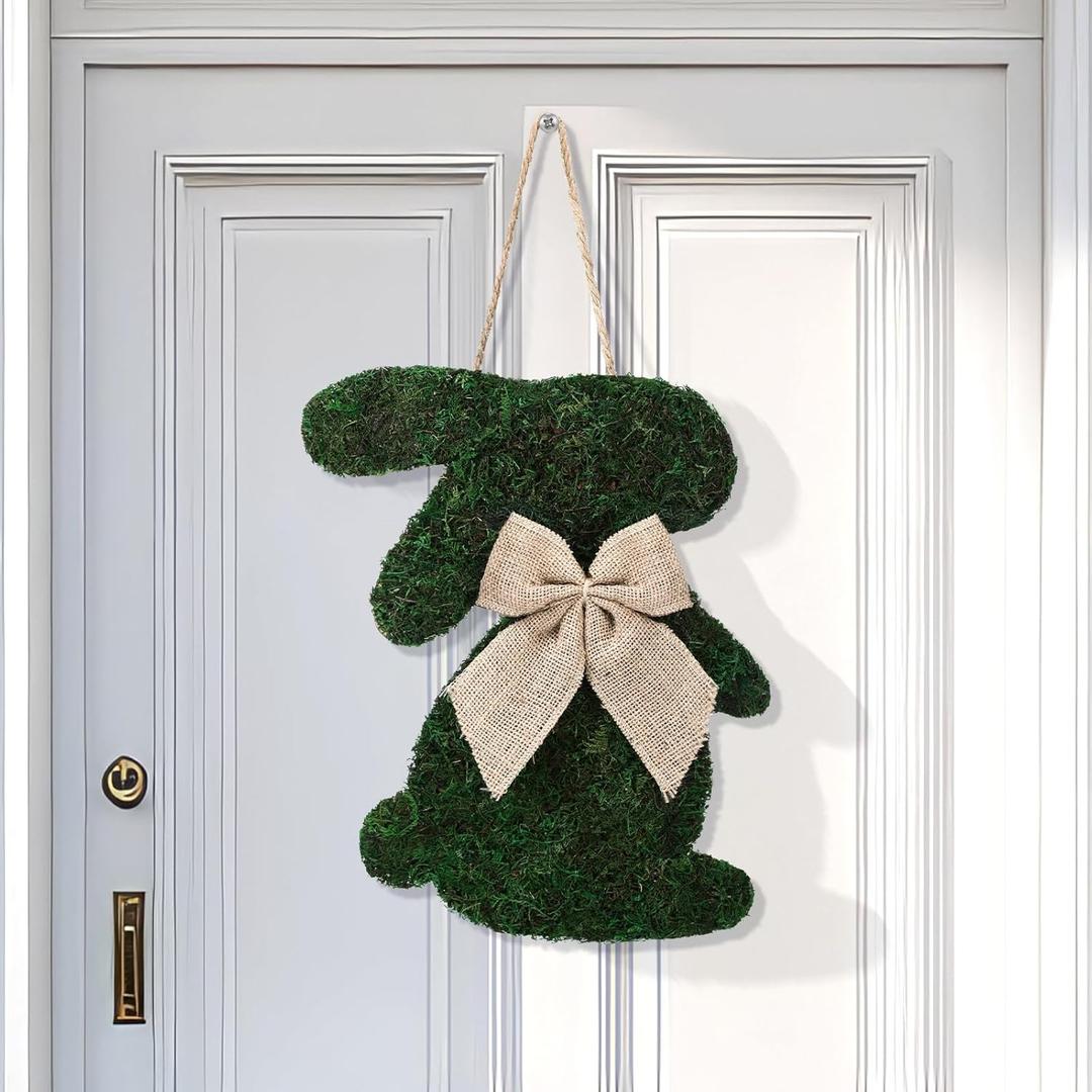 Amyhill Easter Moss Bunny Wreath for Front Door Fake Moss Bunny Sign Hanging Wooden Wreath with Burlap Bow for Spring Porch Wall Home Farmhouse Indoor Outdoor Decor
