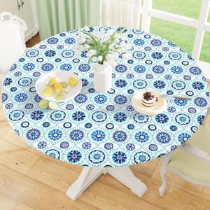 misaya Round Fitted Tablecloth with Elastic Edge, 100% Waterproof Oil Proof Plastic Table Cover, Vinyl Flannel Backed Tablecloth Fits 45"-56" Round Tables for Dinner, Outdoor, Picnic, Navy Mandala