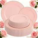 EI 60pcs Pink Plastic Plates with Gold Rim,Pink Party Plates Disposable,Heavy Duty 10" Dinner & 7" Dessert Plate Fancy Elegant Plate for Wedding,Birthday,Afternoon Tea,Valentine's Day