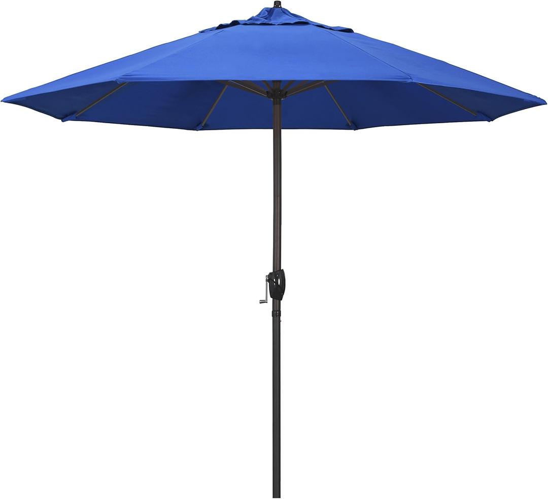 California Umbrella 9' Round Aluminum Outdoor Deck, Pool or Patio Umbrella, Crank Lift, Auto Tilt, Bronze Pole, Royal Blue