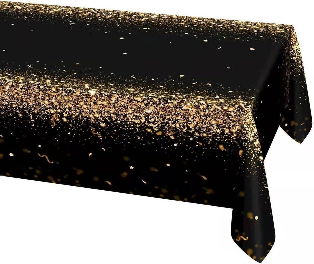 Decor365 Fabric Champagne Gold Tablecloth - 9ft x 5ft (274cm x 150cm) - Black Gold Party Decoration - Graduation, Birthday, Anniversary, Promotion, New Year Eve NYE - Machine Washable - Reusable