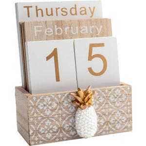 Notakia Vintage Wood Block Perpetual Calendar Month Week Date Display for Home Office Desk Rustic Decoration, Brown pineapple