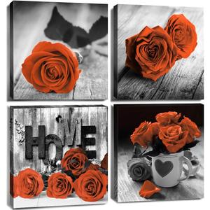 Burnt Orange Wall Art Floral Wall Art for Living Room Vintage Rose Flower Pictures Couples Bedroom Bathroom Rustic Modern Black and White Canvas Prints Kitchen Office Home Decoration 1212" 4 Pcs/Set