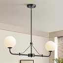 Klgxnrd 2 Lights Black Linear Chandelier, Mid Century Modern Kitchen Island Lighting, Dining Room Light Fixtures Over Table Hanging, Milk White Globe Glass Shade