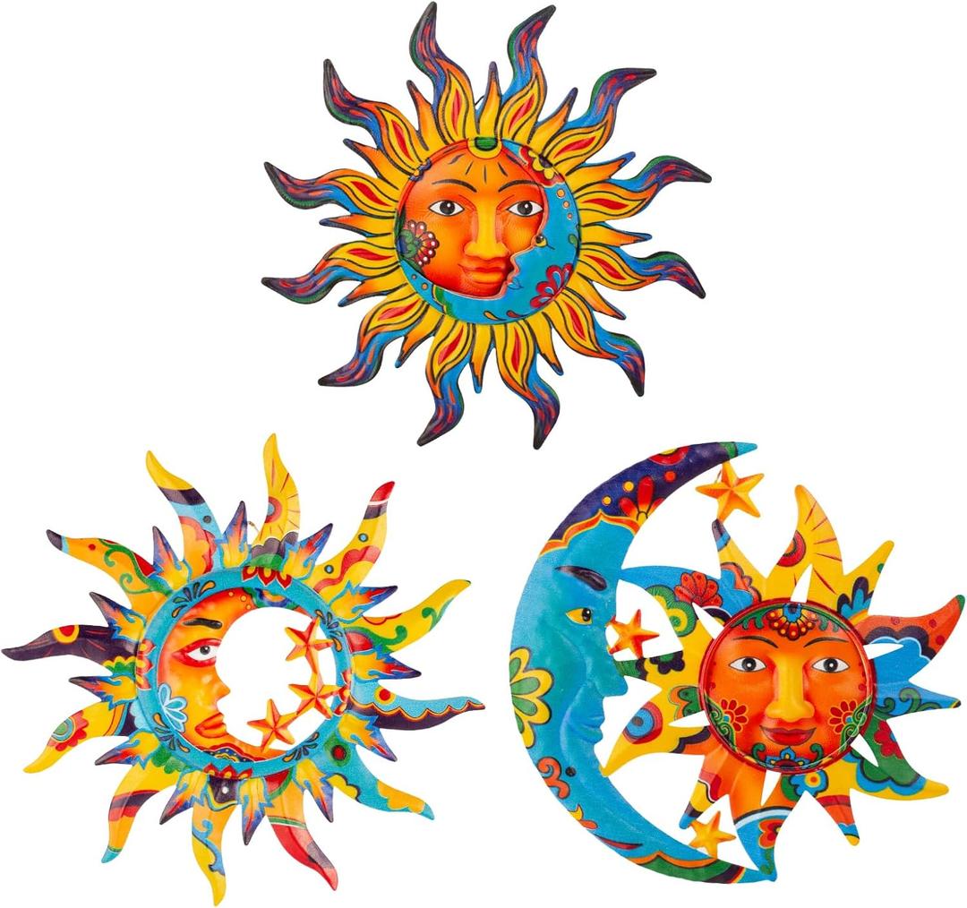 dreamskip 3 Pack Sun and Moon Wall Decor, Hanging Sun Moon & Stars Metal Wall Art, Sun Face Outdoor Wall Decor for Garden Fence Patio Yard Living Room Bedroom Decorations