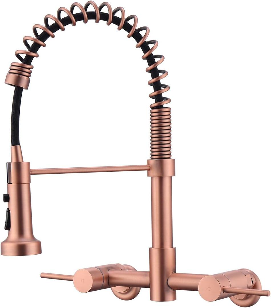 Fonveth Wall Mount Kitchen Faucet Copper Copper, 8 Inch Center Wall Mount 360 Rotation Kitchen Sink Faucet Rose Gold with Pull Down Sprayer with Sprayer, Red Copper