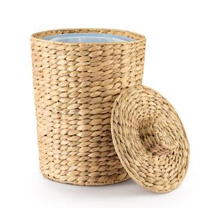 2 Gallons Wicker Waste Basket - Water Hyacinth Bathroom Garbage Can with a Lid - Bathroom Trash Can Boho Style - Wicker Trash Can with Lid for Household, Kitchen - Removable Liner, Iron Frame