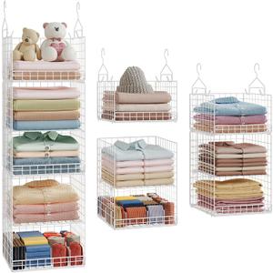 Yuyetuyo 5 Tier Hanging Closet Organizer Separable Hanging Closet Shelves with 4 Hooks 2 Adjustable Dividers, Wire Storage Basket Bins for Clothing Sweaters Socks Dolls Handbags, Foldable