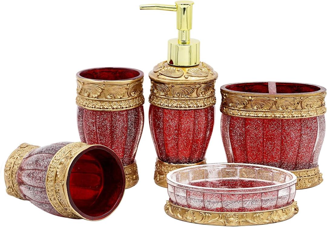 LUANT Vintage Red Bathroom Accessories, 5Piece Bathroom Accessories Set, Bathroom Set Features, Soap Dispenser, Toothbrush Holder, Tumbler & Soap Dish - Golden Glossy - Bath Gift Set