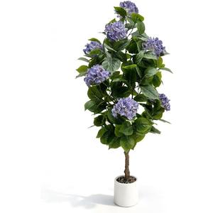 5ft Faux Hydrangea Tree, Artificial Hydrangea Tree Indoor, Fake Silk Hydrangea Plant with Light Purple Flower, Potted Flower Tree with White Planter for Home Office Yard Garden Wedding Decor