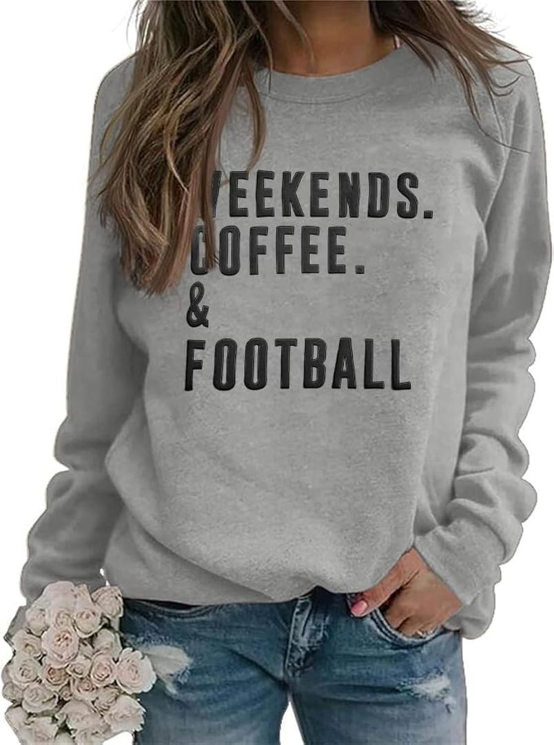 EGELEXY Football Game Day Sweatshirts Weekends Coffee and Football Sweatshirt Women Football Mom Crewneck Pullover (Medium, Grey)