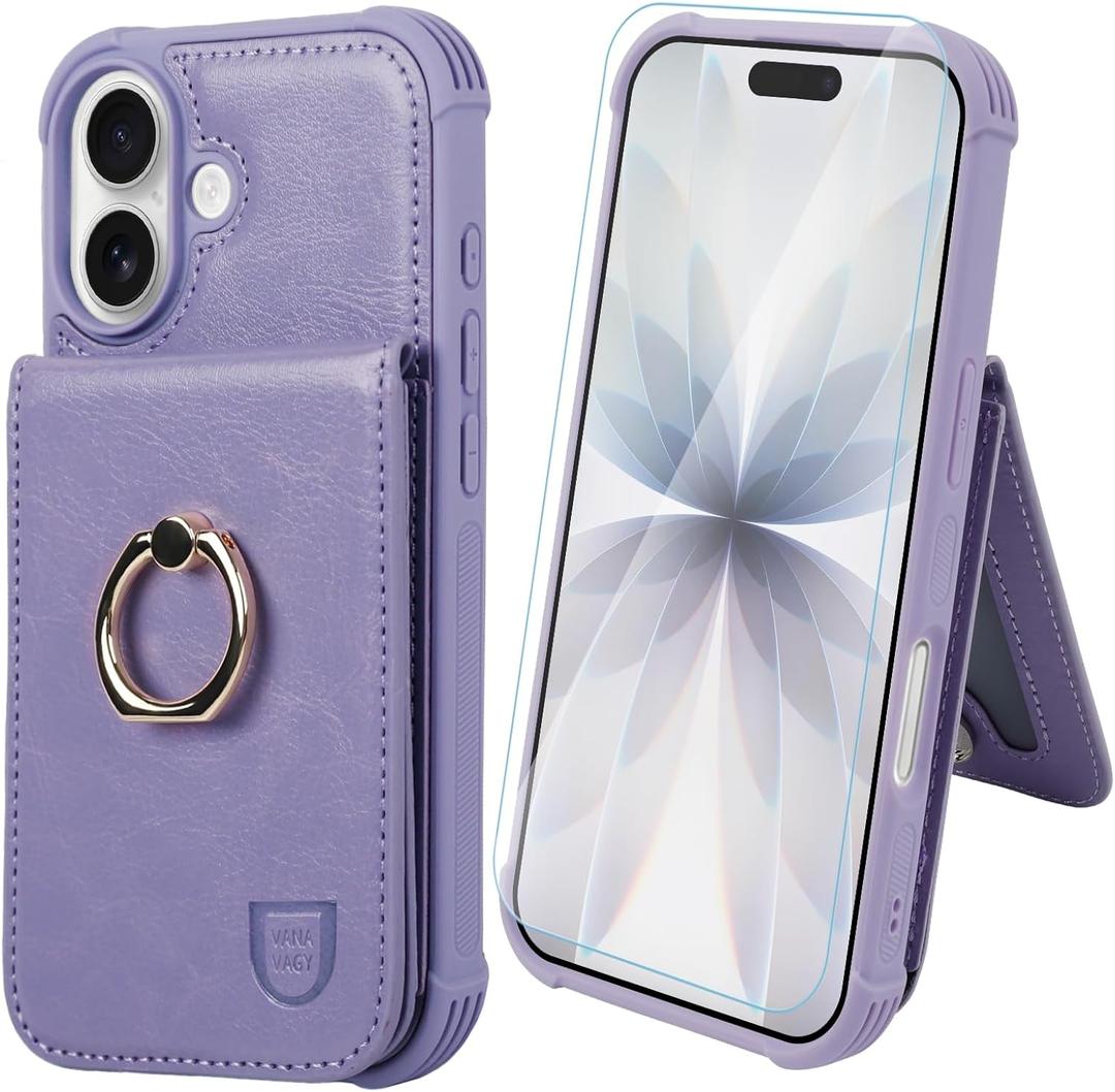 VANAVAGY Compatible for iPhone 17 Wallet Case with RFID Blocking Card Holder, [Screen Protector] PU Leather Shockproof Case Magnetic Clasp Ring Kickstand Flip Phone Cover for Women Men,Clove Purple