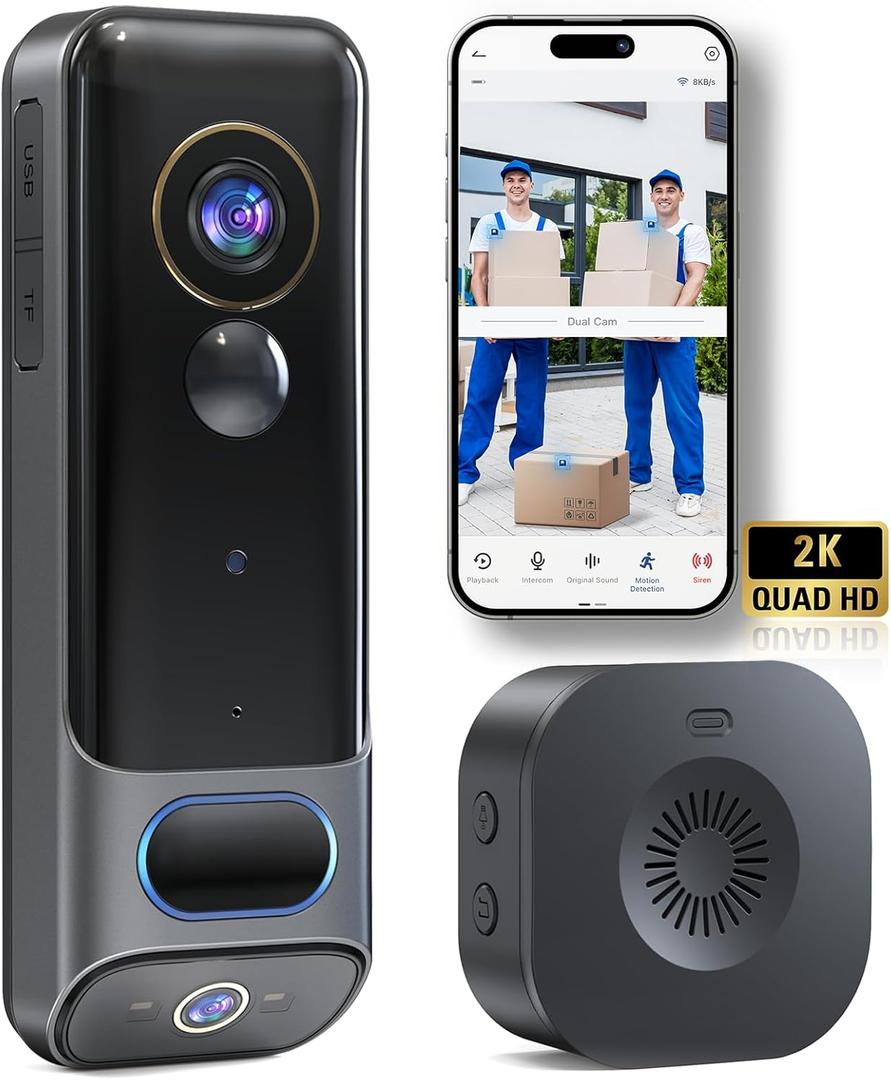 MUBVIEW Dual Doorbell Camera Wireless No Subscription,2K Head to Toe Door Camera Wireless for Apartment, Door Bells for Homes with Chime, 2.4G WiFi, AI Human Detection, Night Vision (Black)