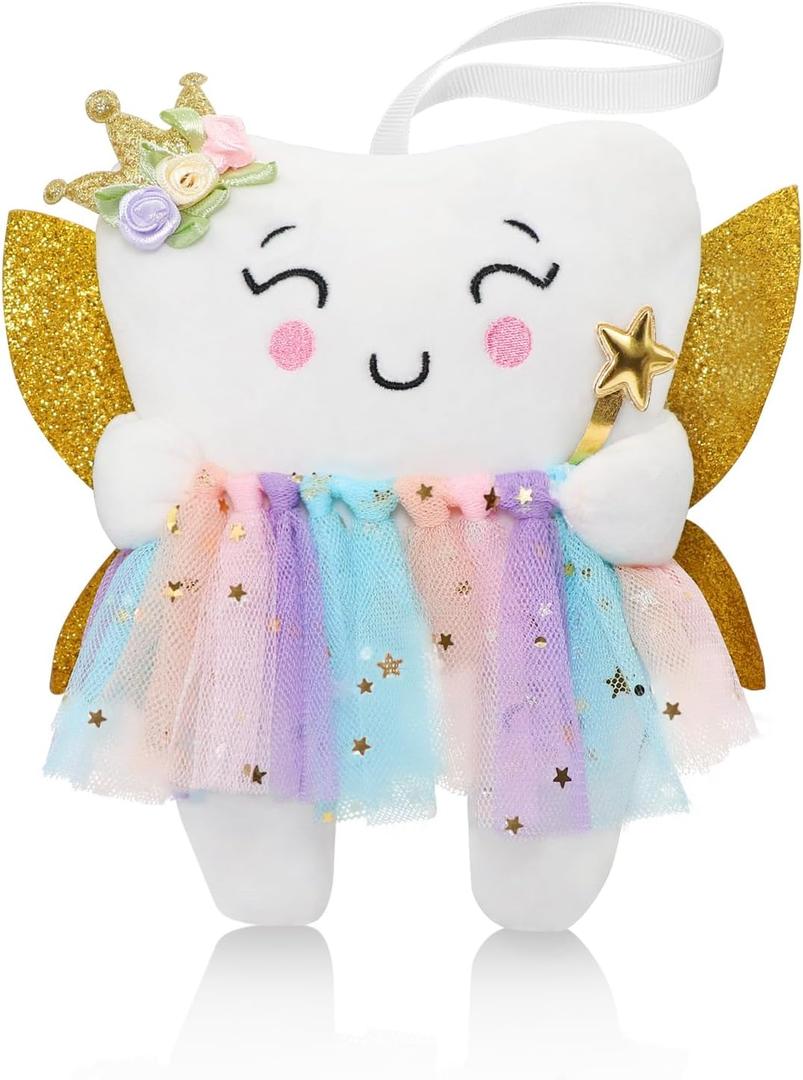 Tooth Fairy Pillow with Shiny Wings Embroidered Tooth Fairy Doll with Pocket Crystal Velvet Tooth Fairy Souvenir Boy Girl Gift (White) (Second Edition)