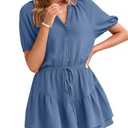 Simplee Womens Cute Summer Rompers - Casual V Neck Short Sleeve Ruffle Boho Romper Dresses Beach Outfits Blue Medium