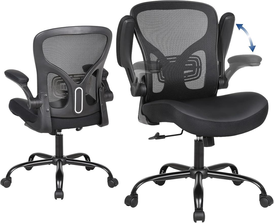Ergonomic Office Chair, Flip-up Armrest, Mesh Back PU Leather Seat