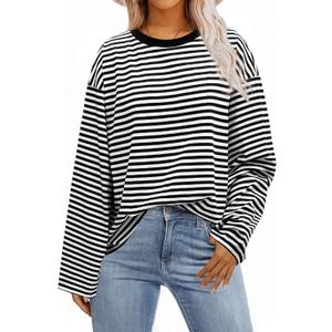 Womens Oversized Striped Long Sleeve Shirt Crewneck Sweatshirt Color Block Loose Pullover Top Teen Girl Y2K Clothes (Black, M)