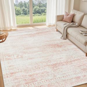 Washable Rugs 9x12 Area Rugs for Living Room,Rugs for Bedroom,Large Carpets,Ultra Soft Faux Wool Retro Dining Room Rug,Non Slip&Non-Shedding Low Pile Vintage Print Rug for Home Office-Pink White
