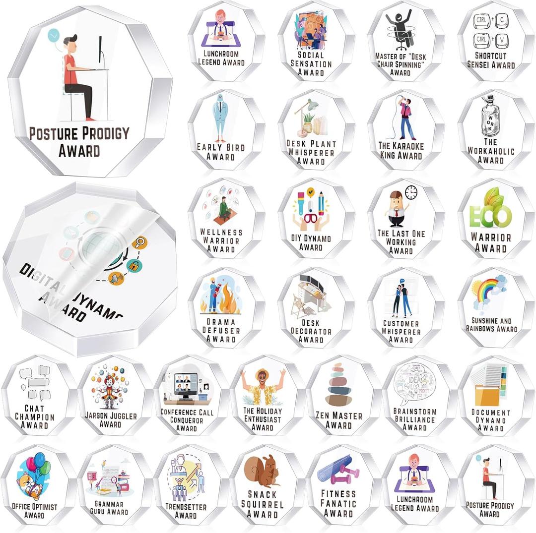 30 Pcs Funny Trophy Awards Gifts Bulk Employee Appreciation Week Gift Mini Acrylic Reward Teacher Nurse Coworker Team Small Clear Acrylic Medallions for Office