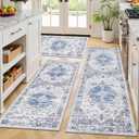 Ileading Boho Kitchen Rugs Set of 3 Washable Kitchen Mats for Floor Non Skid Farmhouse Floor Carpet for Kitchen Hallway Laundry Room,Grey/Blue,20"x32"+20"x48"+20"x59"