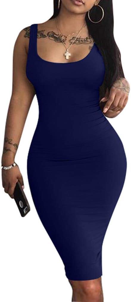 LAGSHIAN Women's Sexy Bodycon Tank Dress Sleeveless Basic Midi Club Dresses (Blue, S)