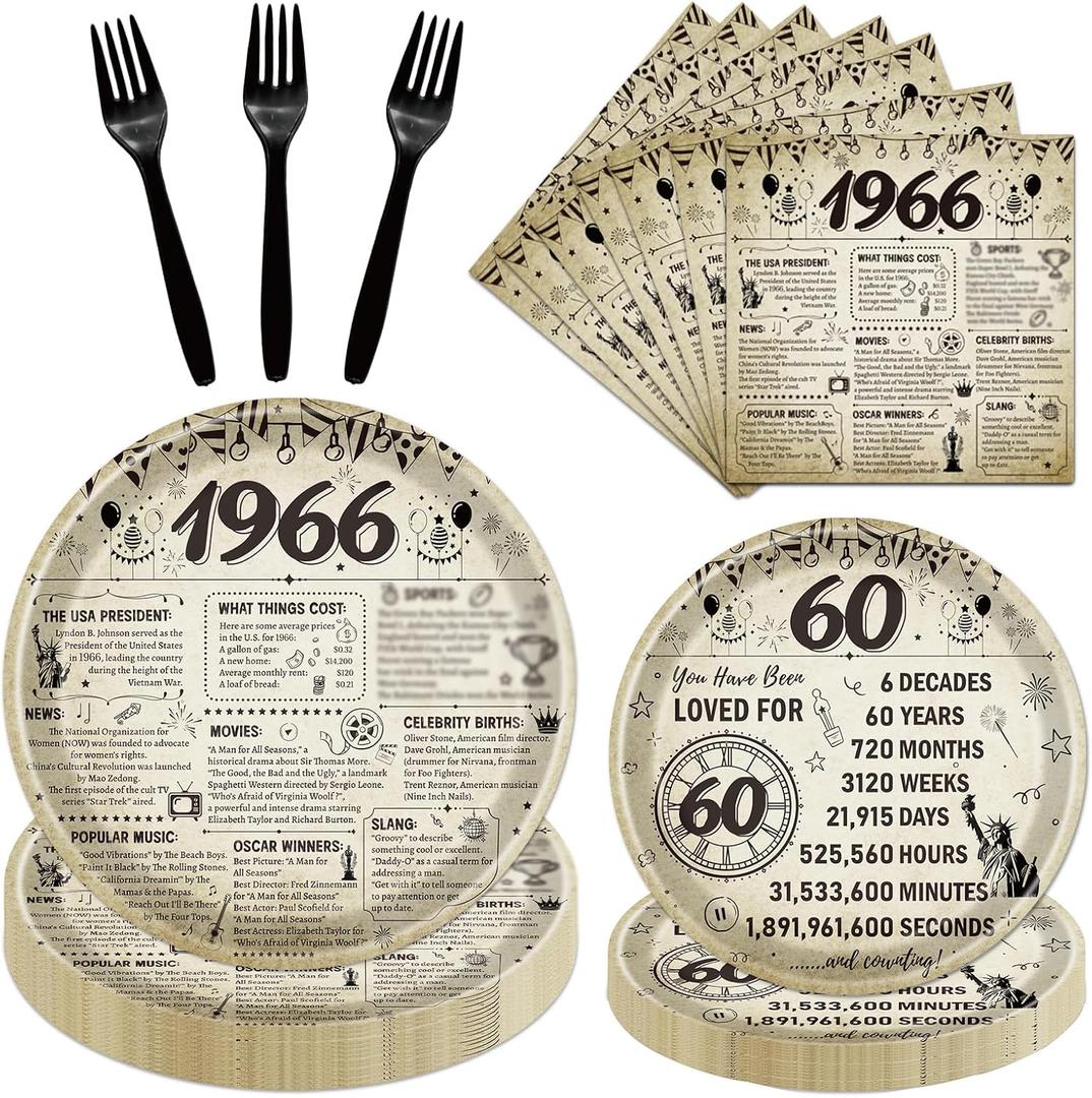 60th Birthday Plates and Napkins Party Decorations for Women Men, 1966 60th Vintage Birthday Disposable Paper Tableware Decoration, 60 Year Old Themed Forks Party Supplies Serve 24