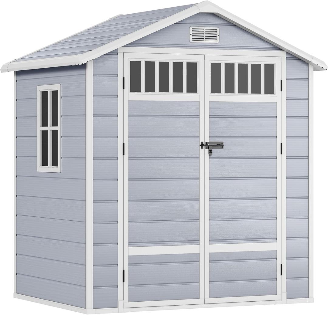 DWVO 6x4.4 FT Resin Storage Shed with Fence-Style and Side Windows, Lockable Door, and Vents for Garden, Backyard, Patio, Lawn, Gray