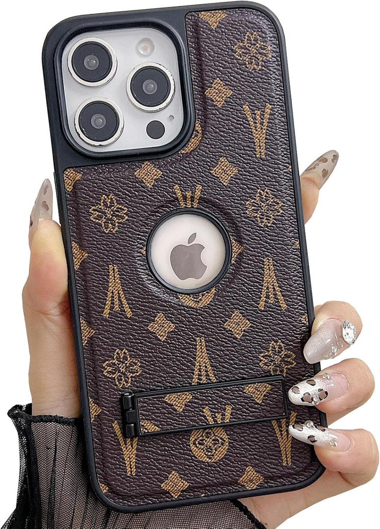 Compatible with iPhone 15 Pro Max Case Designer for Women Girls Luxury Leather Case with Invisible Stand Shockproof Protective Phone Cover for 15 Pro Max - 6.7(Brown)