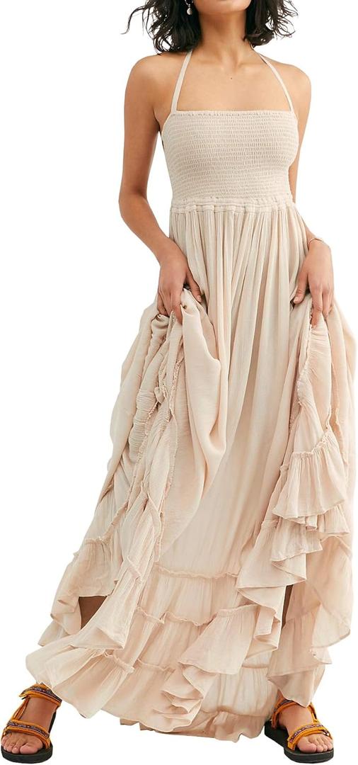 R.Vivimos Womens Summer Boho Sexy Backless Long Dresses (Medium, Beige)