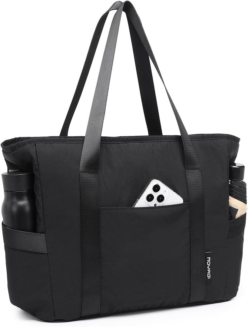 MOYAQI Gym Yoga Tote Bag for Women, Yoga Mat Bag, Large Shoulder Bag with Yoga Mat strap for Gym,Work,Travel,Beach,Business (BLACK)