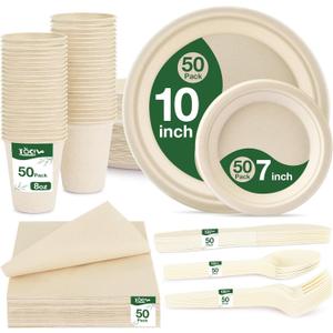 350PCS Disposable Paper Dinnerware Set for 50 Guests, Compostable 50 Dessert Plates, 50 9 inch Plates, 50 Cups, 50 Spoons, 50 Forks, 50 Knives and 50 Napkins, Perfect for Parties(White)