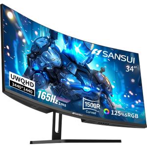 SANSUI 34-Inch Curved Gaming Monitor UWQHD 3440 x 1440 Up to 165Hz Curved 1500R - PIP/PBP, 1ms(MPRT), HDR, 300nits, sRGB 125%, DCI-P3 95%,FreeSync,HDMIx2,DP1.4 x2 (DP Cable Included)