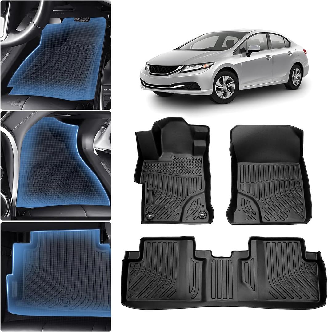 Floor Mats for 2012 2013 2014 2015 Honda Civic All Weather Rubber Civic Floor Liners,3PCS Front&Rear Row Full Set Waterproof Car Mats for Civic Accessories TPE Black