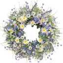 24 Inches Summer Wreaths for Front Door Blue Summer Door Wreath Spring Floral Wreath with Wildflower White Sunflower for Porch Indoors Outdoor Window Home Decorations