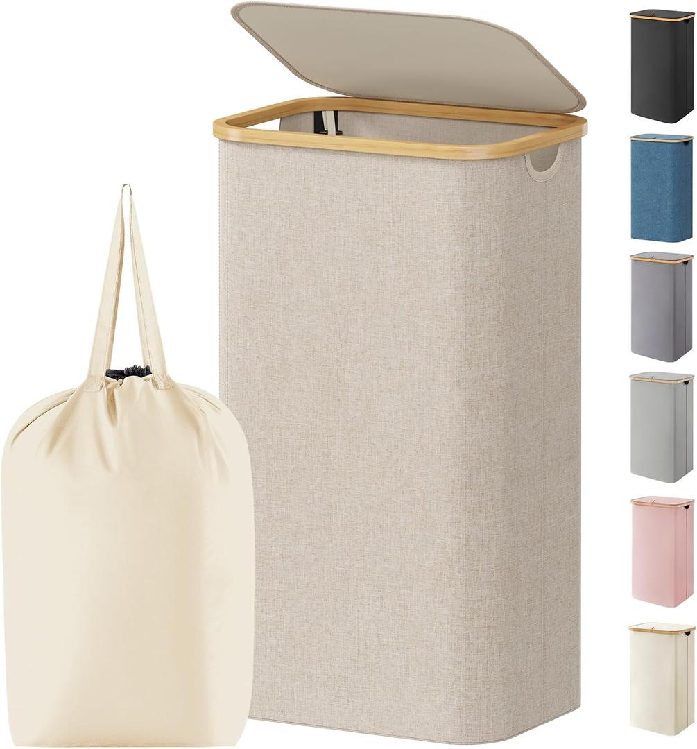 80L Laundry Basket with Lid, Clothes Hampers for Laundry with Bamboo Handles and 1 Removable Bag, Large Foldable Laundry Hamper for Bedroom, Bathroom, Dorm, Laundry Room, Beige