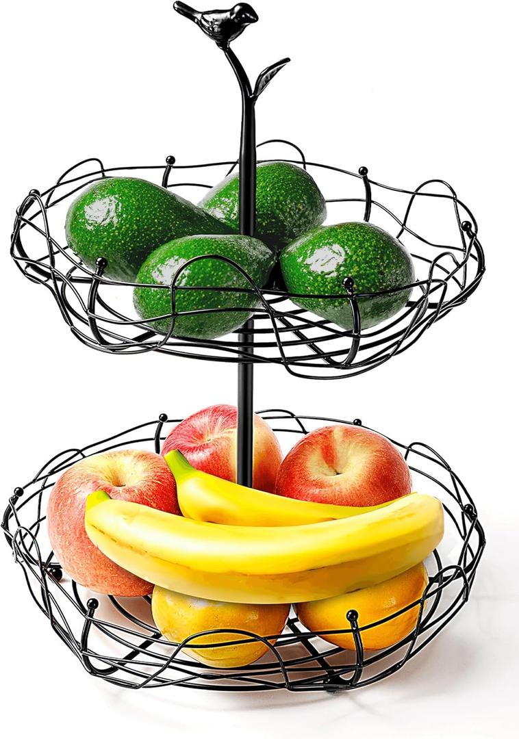 2-Tier Fruit Basket with Bird Nest Design - Charming Bird Handle, Multi-Functional Fruit and Vegetable Organizer for Kitchen Counter and Tabletop, Perfect Blend of Style and Practicality