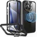 ESR for iPhone 15 Plus Case with Stand, Compatible with MagSafe, Full-Body Military-Grade Drop Proof Case with Built-in 9H+ Tempered Glass Screen Protector, Armor Series, Clear Black