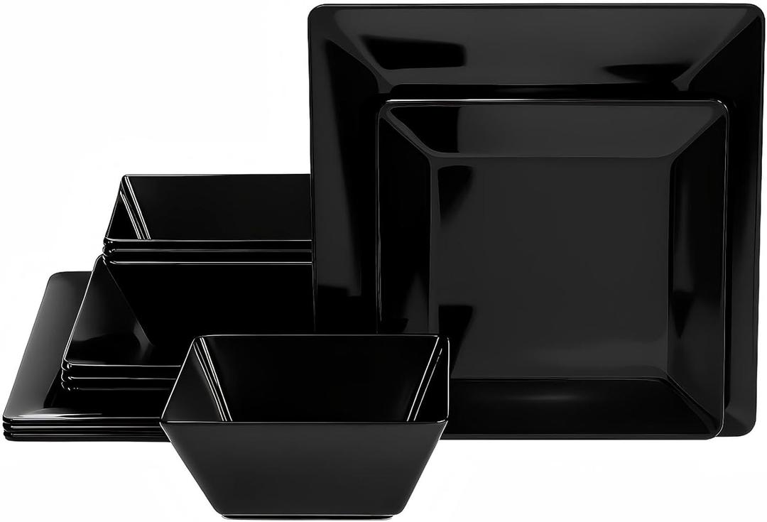 TP 12-Piece Dinnerware Set, Melamine Dishes Set with Bowls and Plates, Non-breakable and Lightweight Square Dinner Set for 4, Black