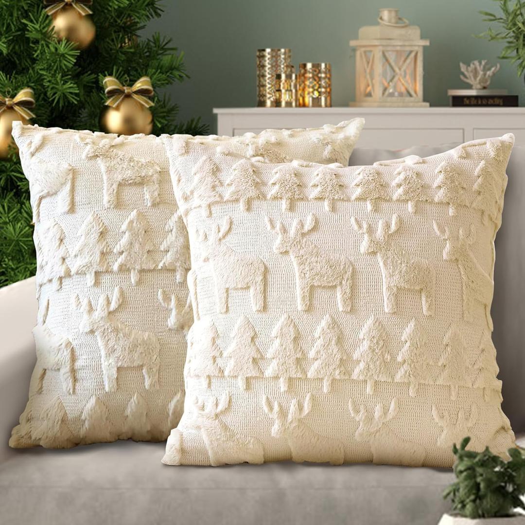 Christmas Pillow Covers, Set of 2 Soft Plush Short Wool Velvet Throw Pillow Covers, Christmas Decorative Square Luxury Cushion Case Pillow Shell for Sofa Bedroom Cream Beige 18x18 Inch