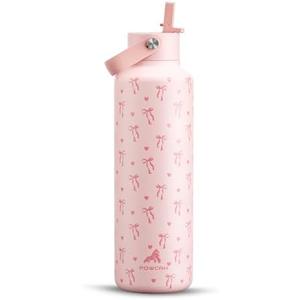 POWCAN 24 oz Insulated Water Bottle: Leakproof, Cup Holder Friendly, Cold for 24H, BPA-free, Top Handle, Double Walled Metal Water Bottle for Student, Girl, School, Camping, Daily (Sweetheart Bow)