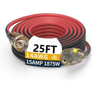 25FT 14/3 Gauge Heavy Duty Outdoor Extension Cord Waterproof with Locking LED Lighted Plugs, SJEOW All-Weather Jacket (-50C to 105C), 15amp 1875W, 3 Prong, ETL Certified