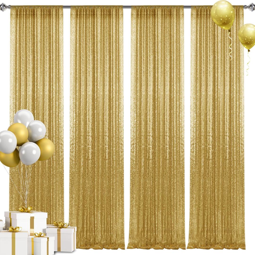 2×8FT-4PCS Gold Sequin Backdrop Curtains Panels, Photography Backdrop Glitter Curtains Fabric Background for Christmas Wedding Party Decor