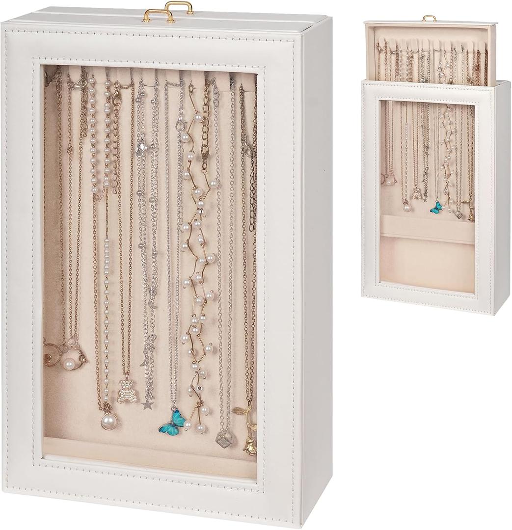 Necklace Organizer Box - 2-Layer Double-Sided Clear Lid Jewelry Storage Case, Anti-Tangle Necklaces Display Holder for Pendants Bracelets, Jewelry Organizer for Women Girls (White)