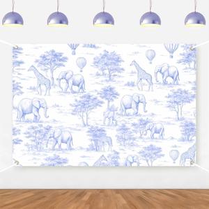 Blue Chinoiserie Safari Animals Backdrop Jungle Safari Baby Shower Decorations Giraffe Elephant Hot Air Balloon Forest Hanging Banner for Boy Girl Forest Animal Birthday Bridal Shower Supplies 5*3ft