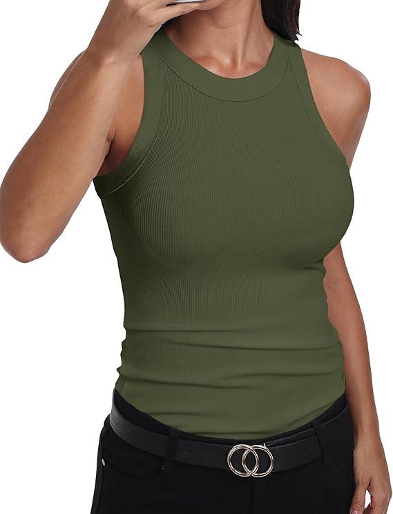 GEMBERA Women's Sleeveless Racerback High Neck Casual Basic Cotton Ribbed Fitted Tank Top, L